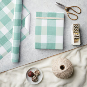 Soft Mint Green White Fresh Gingham Plaid Pattern Wrapping Paper