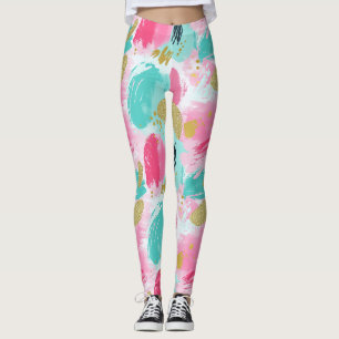 Soft Mint Pink Spring Gold Abstract Brushstrokes Leggings