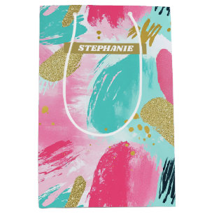 Soft Mint Pink Spring Gold Abstract Brushstrokes Medium Gift Bag