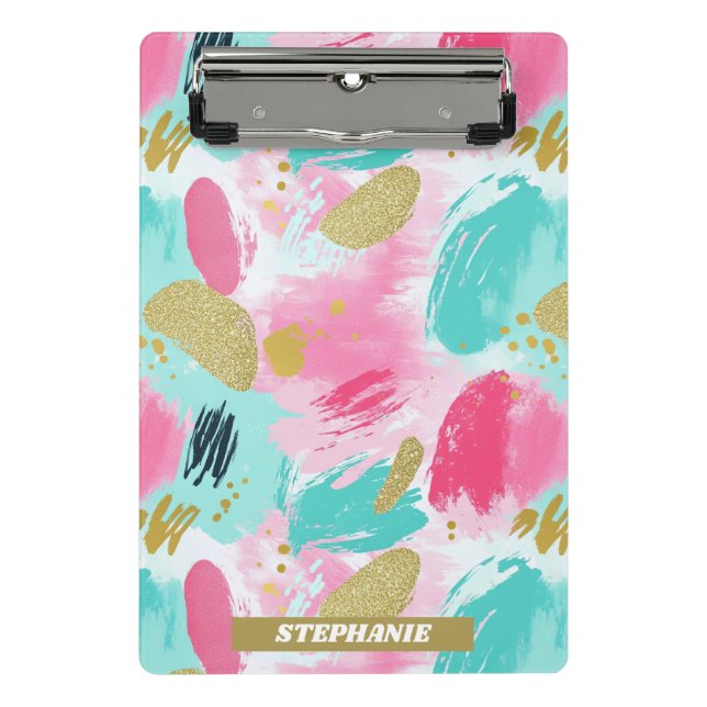 Soft Mint Pink Spring Gold Abstract Brushstrokes Mini Clipboard (Front)