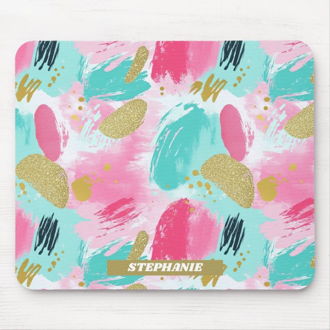 Soft Mint Pink Spring Gold Abstract Brushstrokes Mouse Pad (Front)