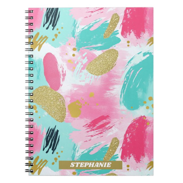 Soft Mint Pink Spring Gold Abstract Brushstrokes Notebook (Front)