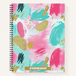Soft Mint Pink Spring Gold Abstract Brushstrokes Notebook