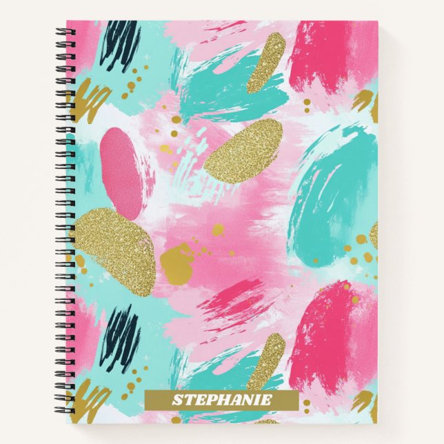Soft Mint Pink Spring Gold Abstract Brushstrokes Notebook (Front)