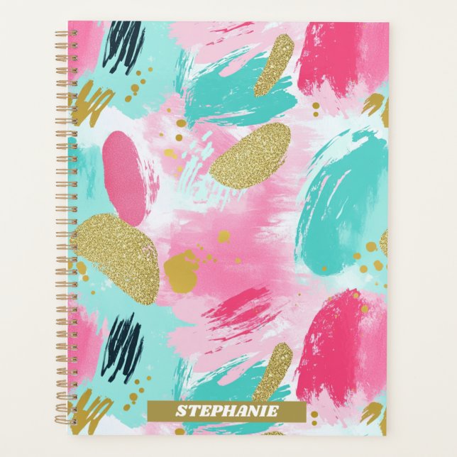 Soft Mint Pink Spring Gold Abstract Brushstrokes Planner (Front)