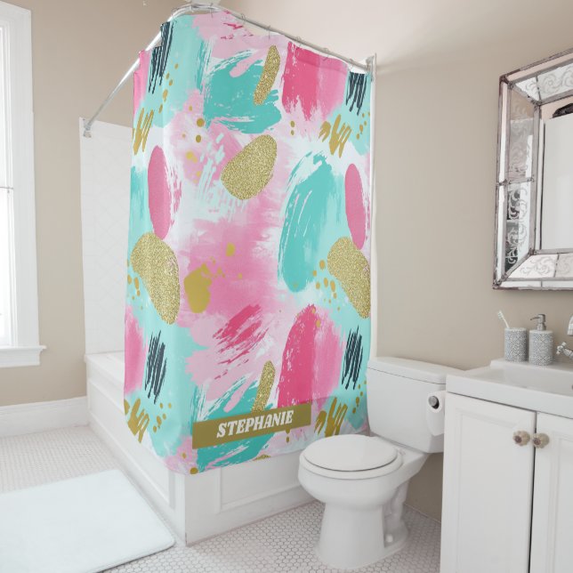 Soft Mint Pink Spring Gold Abstract Brushstrokes Shower Curtain (In Situ)