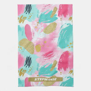 Soft Mint Pink Spring Gold Abstract Brushstrokes Tea Towel