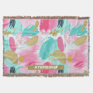 Soft Mint Pink Spring Gold Abstract Brushstrokes Throw Blanket