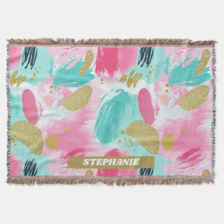 Soft Mint Pink Spring Gold Abstract Brushstrokes Throw Blanket