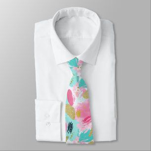 Soft Mint Pink Spring Gold Abstract Brushstrokes Tie