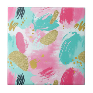 Soft Mint Pink Spring Gold Abstract Brushstrokes Tile