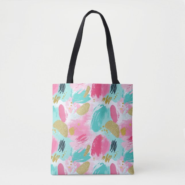 Soft Mint Pink Spring Gold Abstract Brushstrokes Tote Bag (Front)