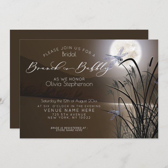 Soft Mocha Brunch Bubbly Full Moon Dragonfly Invitation (Front/Back)