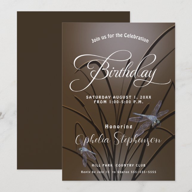 Soft Mocha Dragonfly Birthday  Invitation (Front/Back)
