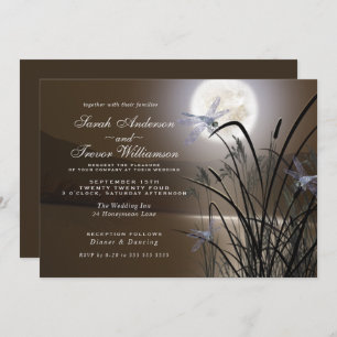 Soft Mocha Wedding Full Moon Dragonfly Pond Invitation
