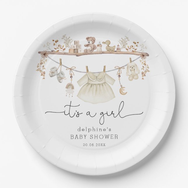 Soft Muted Boho Baby Girl Dress Baby Shower Paper Plate (Front)