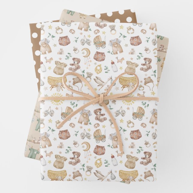 Soft Muted Boho Baby Nursery Clothes Toys Wrapping Paper Sheet (In situ)