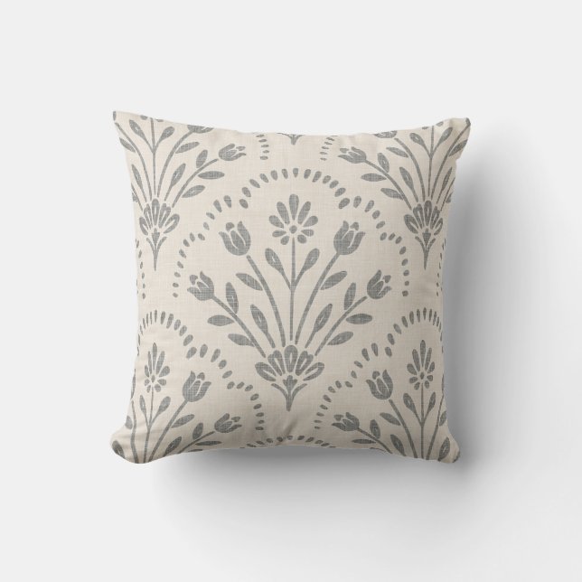 Soft Muted Charcoal & Beige Floral Scallop Pattern Cushion (Front)