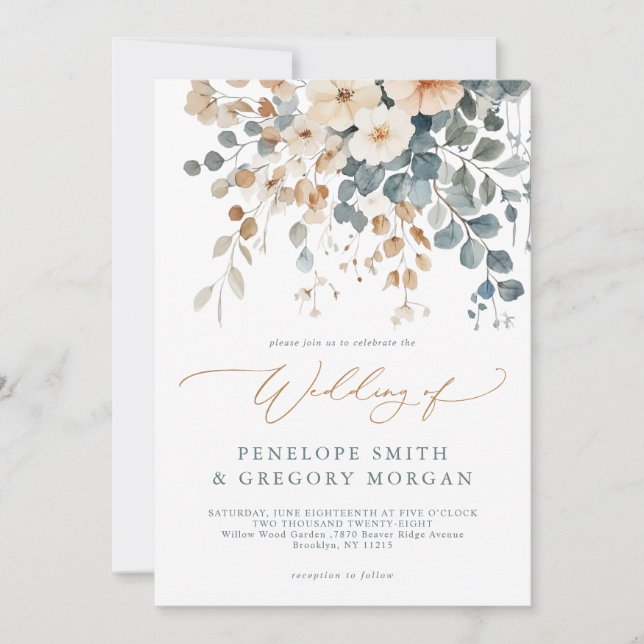 Soft Muted Earthy Tone Floral Watercolor Wedding   Invitation (Front)