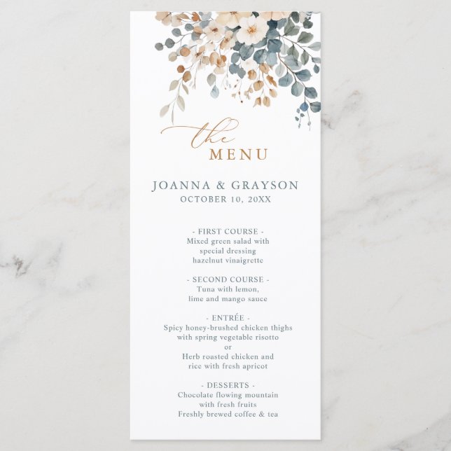 Soft Muted Earthy Tone Floral Watercolor Wedding Menu (Front)
