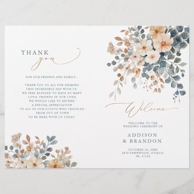 Soft Muted Earthy Tone Floral  Wedding Program (Front)
