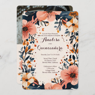 Soft Muted Floral Frame Quinceañera CUSTOM Photo Invitation