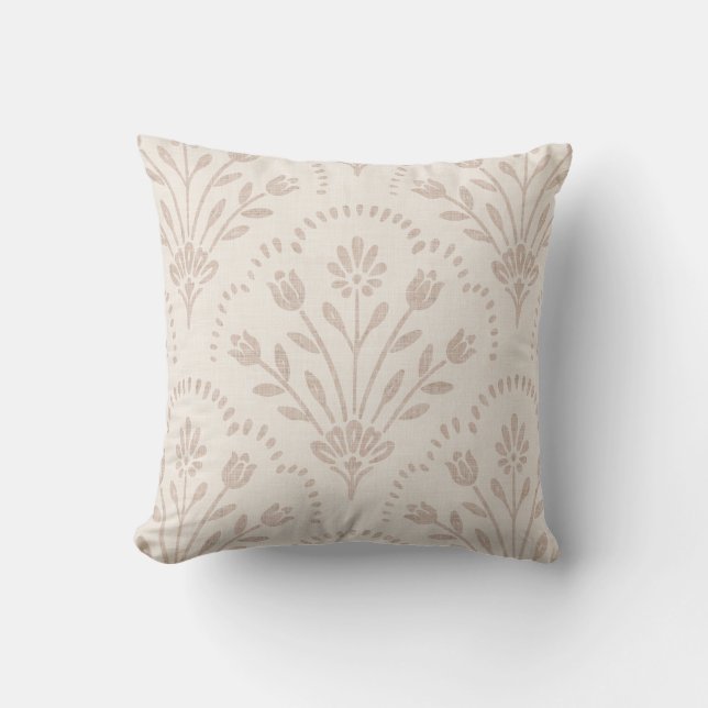 Soft Muted Taupe & Beige Floral Scallop Pattern Cushion (Front)