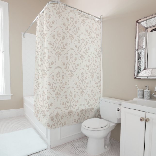 Soft Muted Taupe & Beige Floral Scallop Pattern Shower Curtain (In Situ)