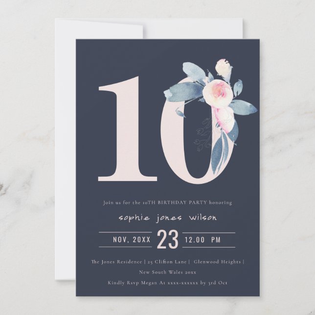 SOFT NAVY BLUSH BLUE FLORAL 10TH ANY AGE BIRTHDAY INVITATION (Front)