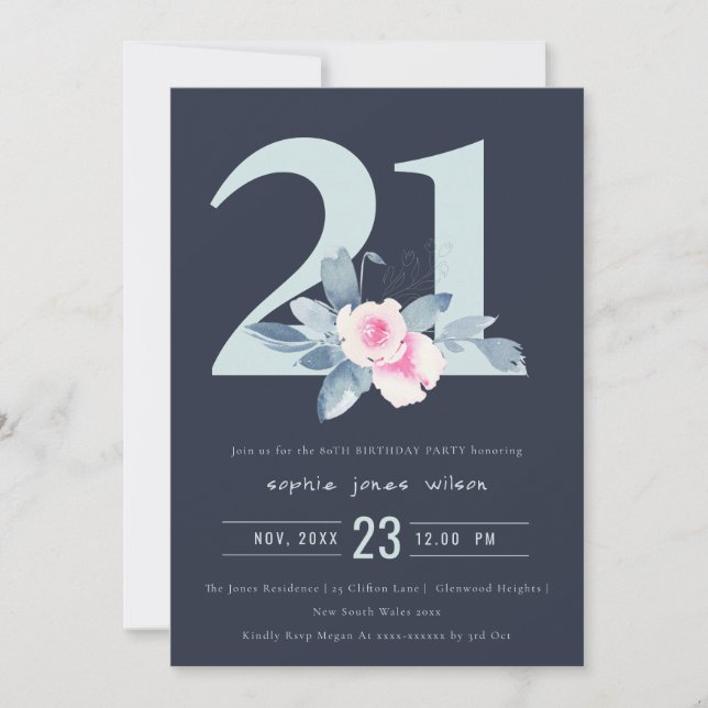 SOFT NAVY BLUSH BLUE FLORAL 21ST ANY AGE BIRTHDAY INVITATION (Front)