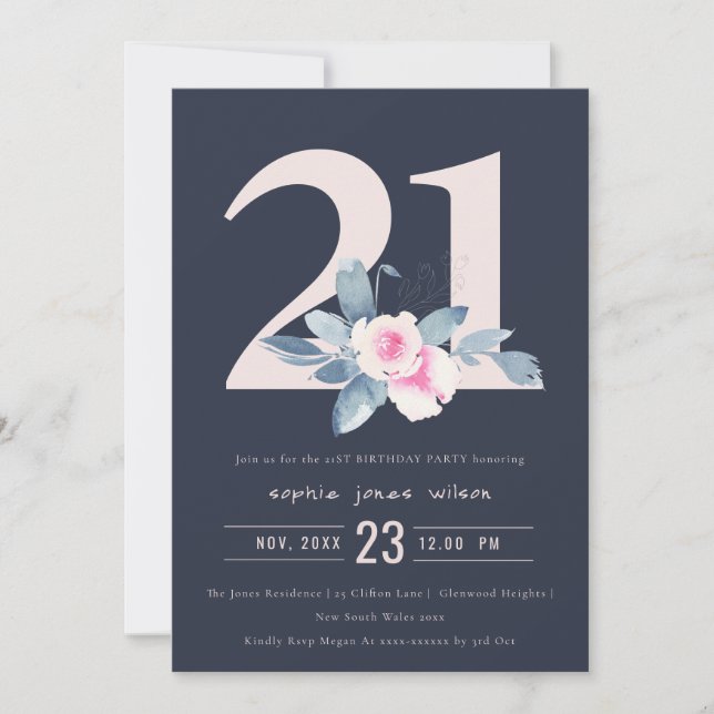 SOFT NAVY BLUSH BLUE FLORAL 21ST ANY AGE BIRTHDAY INVITATION (Front)