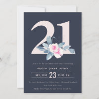 SOFT NAVY BLUSH BLUE FLORAL 21ST ANY AGE BIRTHDAY