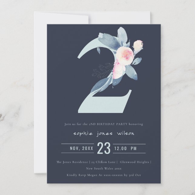 SOFT NAVY BLUSH BLUE FLORAL 2nd ANY AGE BIRTHDAY Invitation (Front)