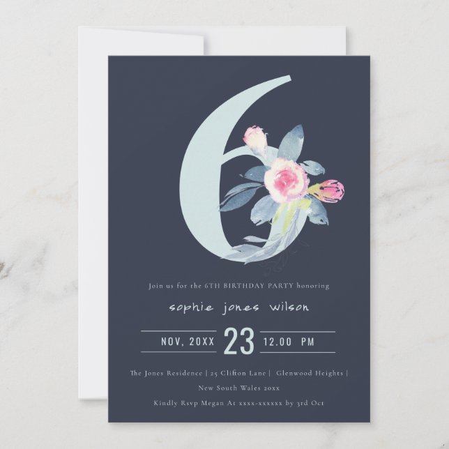 SOFT NAVY BLUSH BLUE FLORAL 6TH ANY AGE BIRTHDAY INVITATION (Front)
