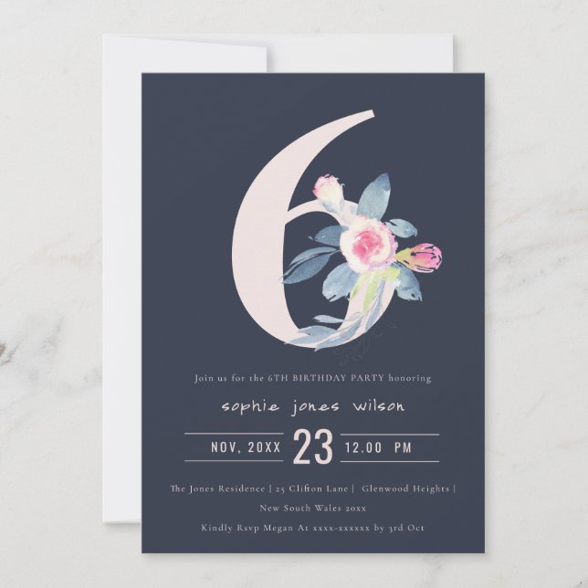 SOFT NAVY BLUSH BLUE FLORAL 6TH ANY AGE BIRTHDAY INVITATION (Front)