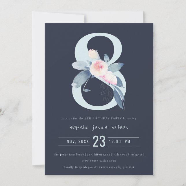 SOFT NAVY BLUSH BLUE FLORAL 8TH ANY AGE BIRTHDAY INVITATION (Front)