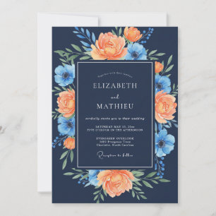 Soft Navy Coral Painted Wedding Invitation
