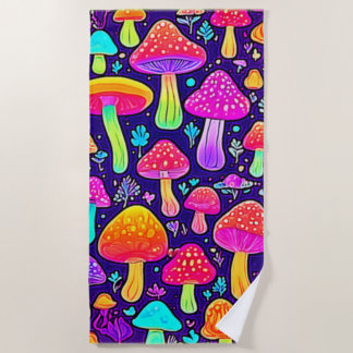 Soft Neon: Cartoon Mushroom Patch Beach Towel