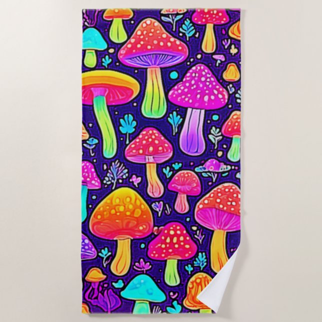 Soft Neon: Cartoon Mushroom Patch Beach Towel (Front)