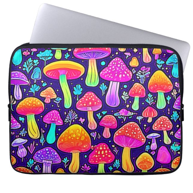 Soft Neon: Cartoon Mushroom Patch Laptop Sleeve (Front)