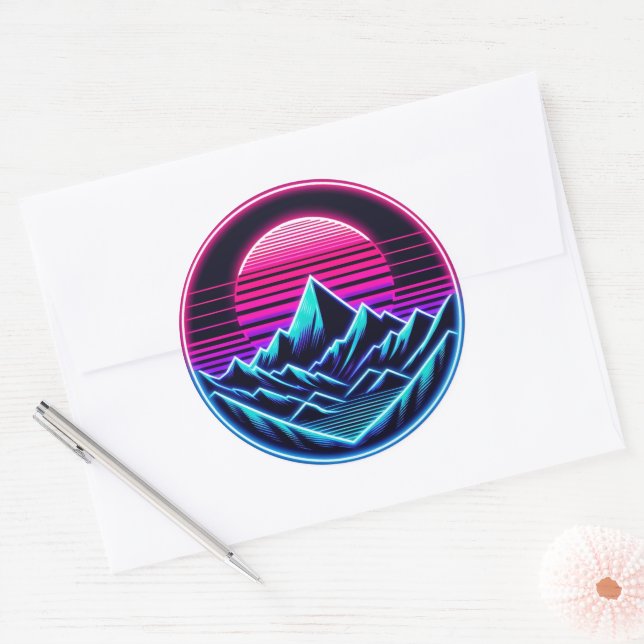 Soft Neon Mountain Circle – Minimal Retro Glow Classic Round Sticker (Envelope)