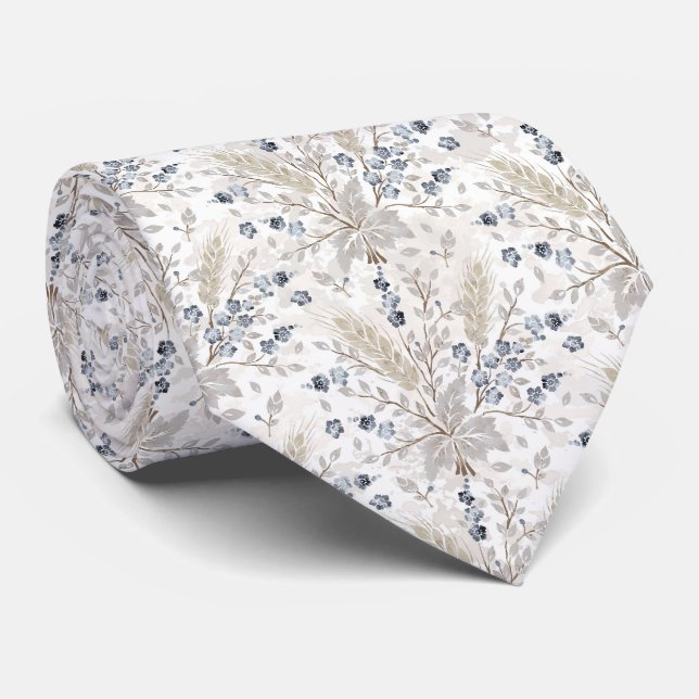 Soft Neutral Boho Floral Botanical Pattern Tie (Rolled)