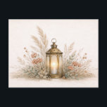 Soft Neutral Boho Lantern Floral Arrangement Postcard<br><div class="desc">This design features a warm bohemian lantern surrounded by a delicate botanical arrangement in a soft watercolor style. A vintage brass lantern with a glowing candle sits at the center, framed by airy pampas grass, muted sage leaves, and soft peach wildflowers. The gentle botanical composition spreads outward with natural balance,...</div>