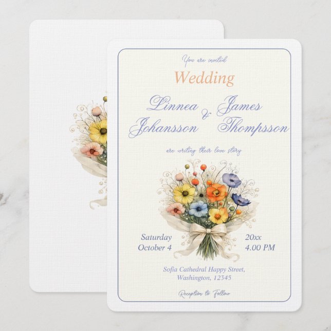 Soft Neutral Elegant Wedding Ivory Dusty Blue Invitation (Front/Back)