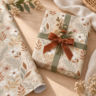 Soft Neutral Sage Terracotta Wildflowers Wrapping Paper