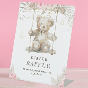Soft Neutral Teddy Bear Pink Floral Diaper Raffle Pedestal Sign