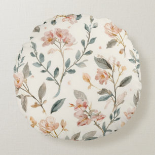 Soft Neutral Wildflower Sage Watercolor Botanical Round Cushion