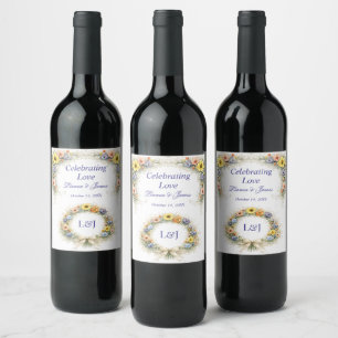 Soft Neutral Wildflowers Wedding Ivory Dusty Blue Wine Label