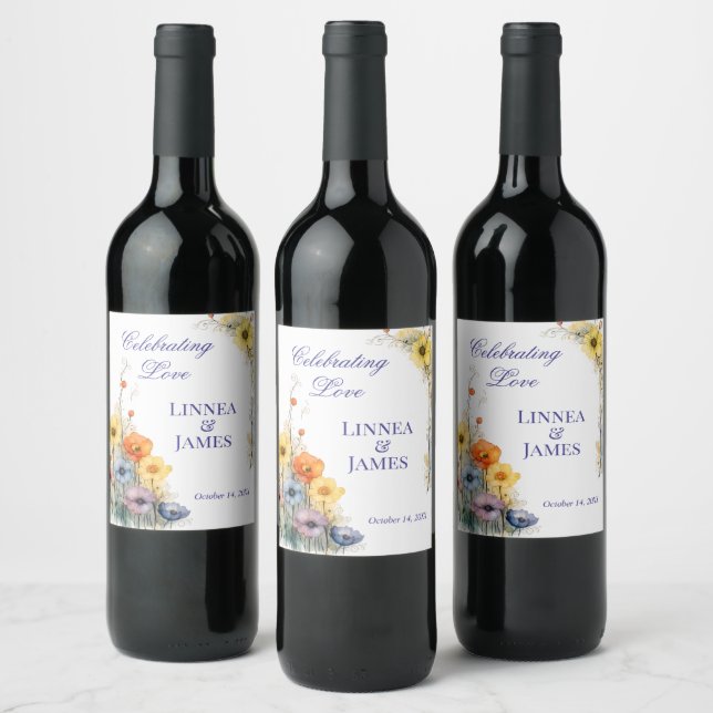 Soft Neutral Wildflowers Wedding Ivory Dusty Blue Wine Label (Bottles)