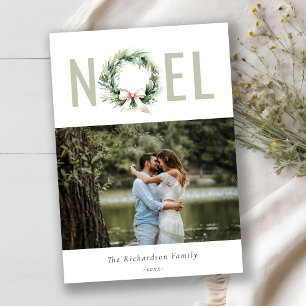 Soft Noel Blush Green Christmas Wreath Photo Holiday Card